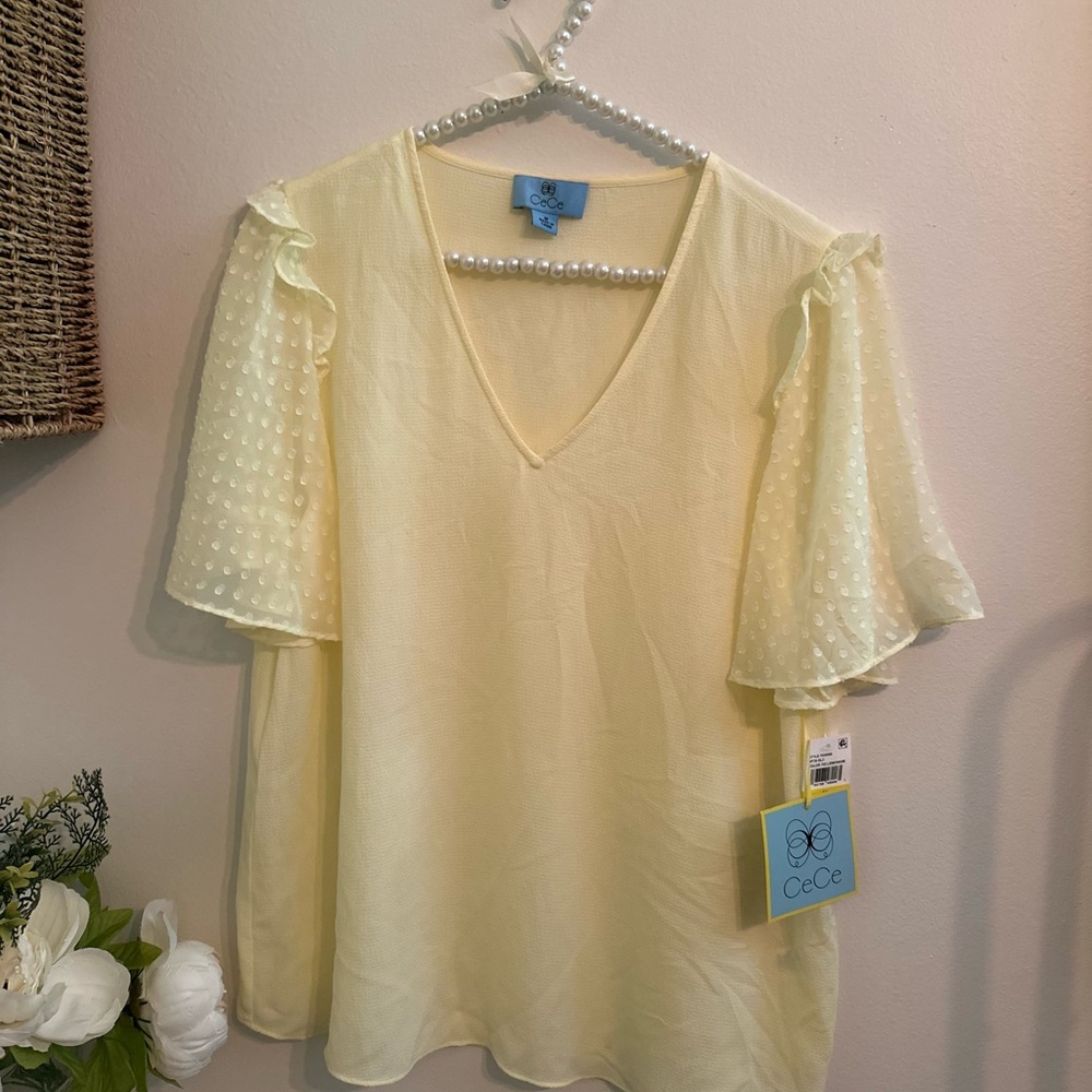 CeCe Light Yellow V-Neck Flutter Sleeve Blouse